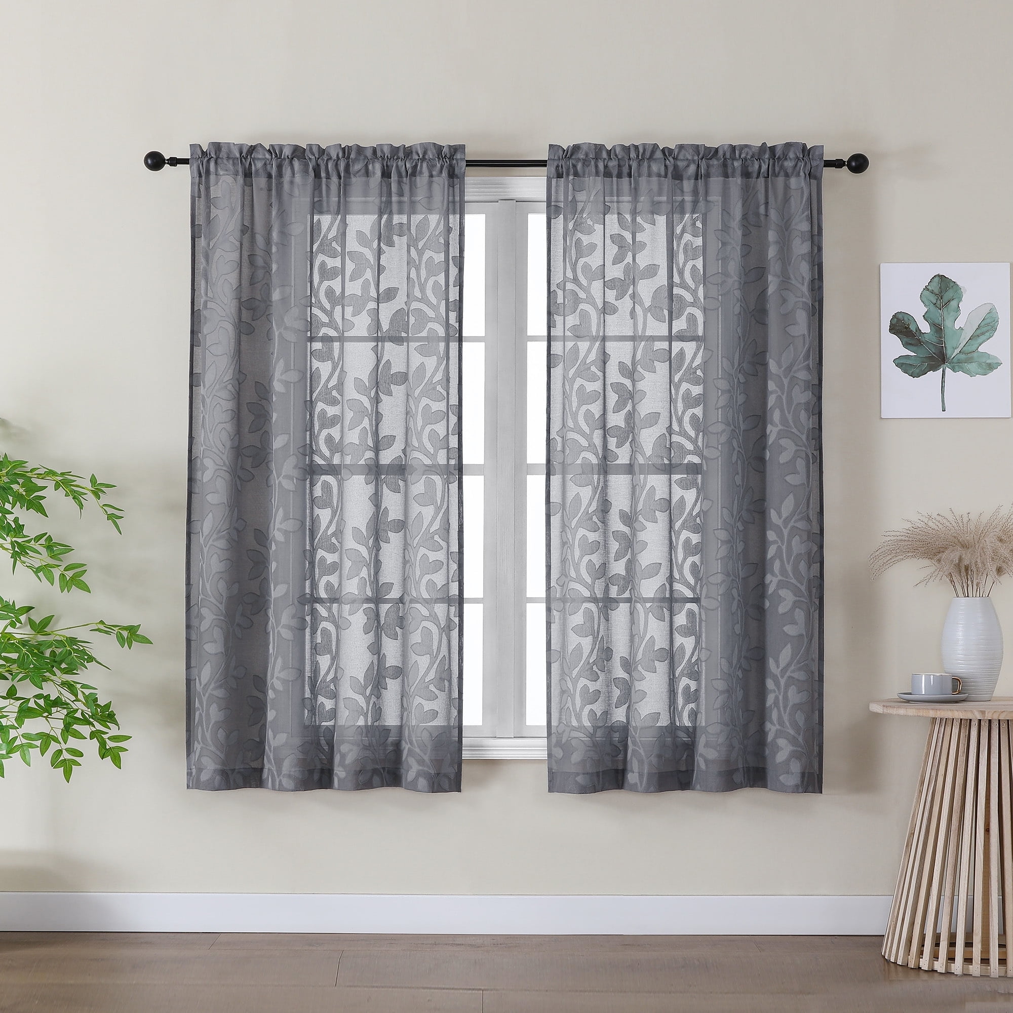 OVZME Darla Sheer Curtains 54 Inch Length, Charcoal Grey photo 1