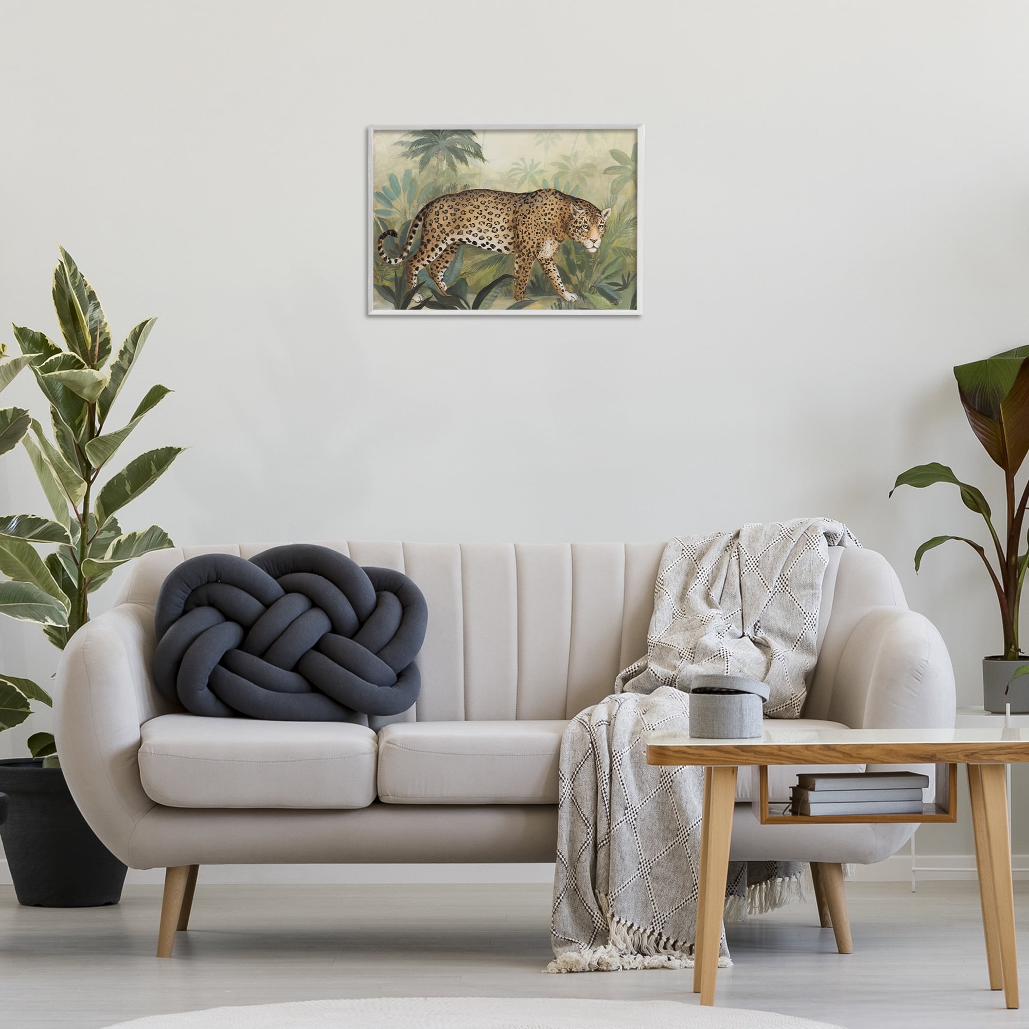 Stupell Industries Prowling Leopard in Forest Landscape Painting White Framed Art Print Wall Art, 24 x 16