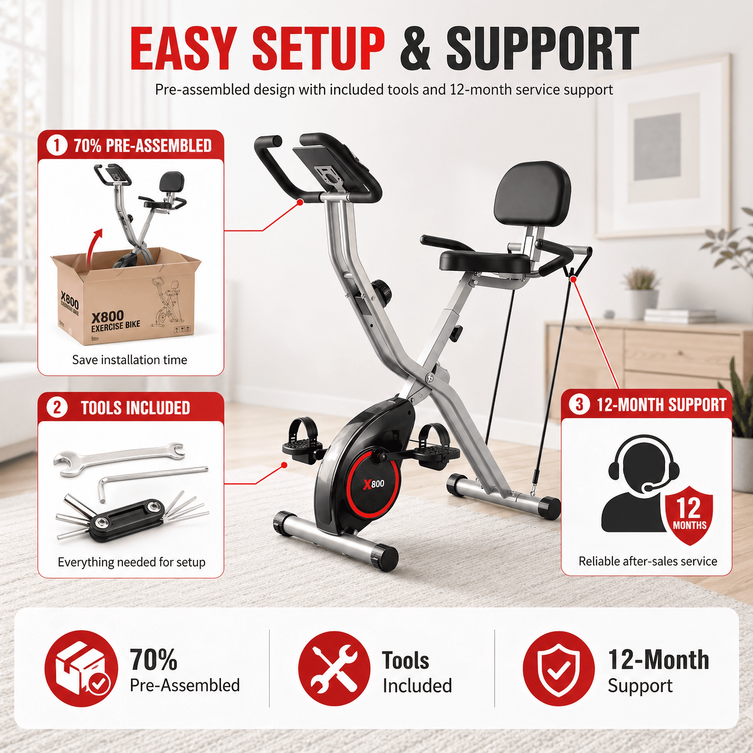 USLIM 5‑in‑1 Foldable Exercise Bike for Home, 16‑Level Magnetic Resistance Stationary Bike with Arm Bands, Backrest, LCD Monitor, 300 lb Capacity