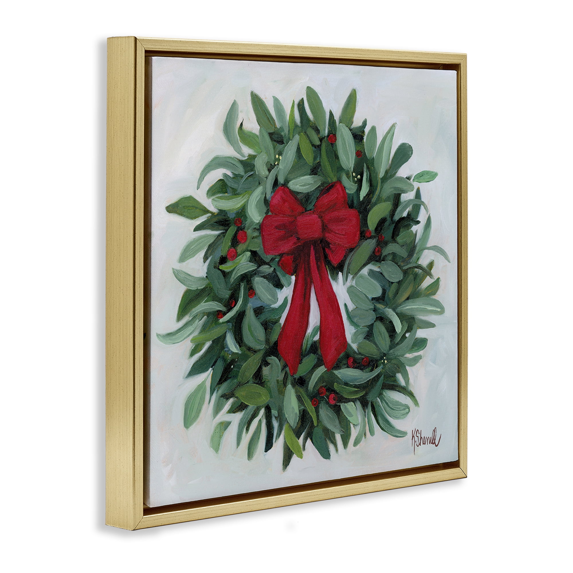 Stupell Industries Wreath with Red Bow Holiday Painting Gold Floater Framed Canvas Art Prints Wall Art, 25 x 25