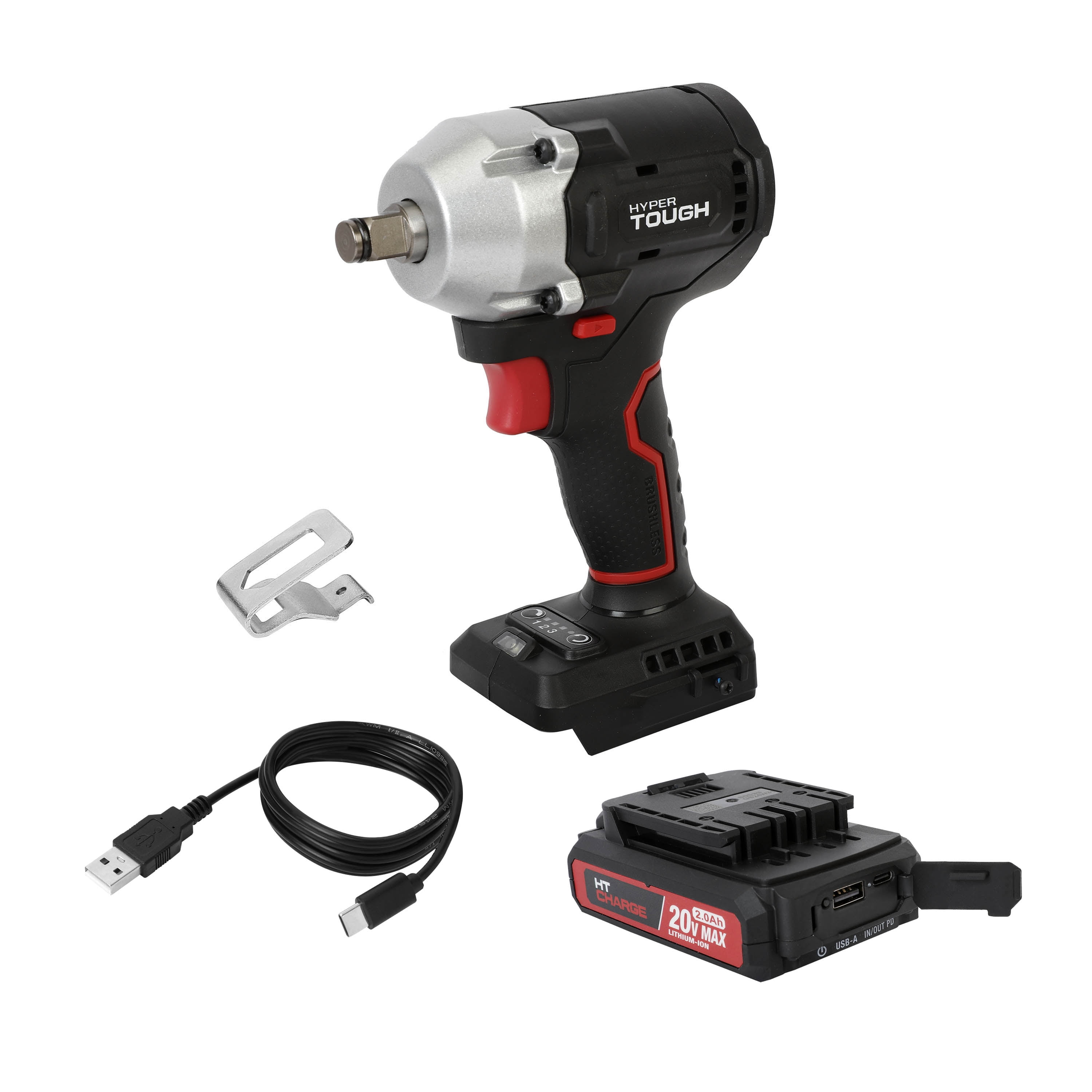 Hyper Tough 20V Brushless 1/2-inch Impact Wrench, Battery & Charging Cable