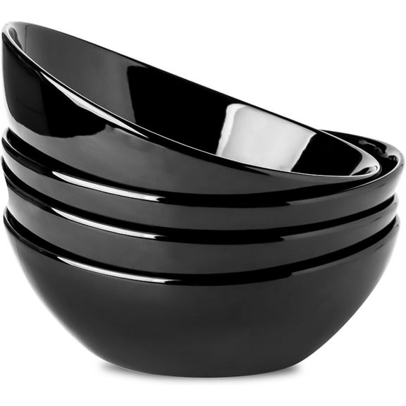 40oz Salad Bowls, Large Serving Bowls, Porcelain Soup Bowls for Kitchen, Porcelain Ceral Bowls for Entertaining Parties, Dishwasher Microwave Safe, Set of 4, Black