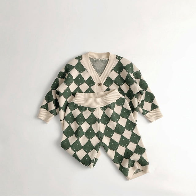 Suéteres de punto para niños, conjuntos de cárdigan con cuello en V y estampado a cuadros, abrigo y pantalones, ropa de primavera para niños y niñas, 2 uds.