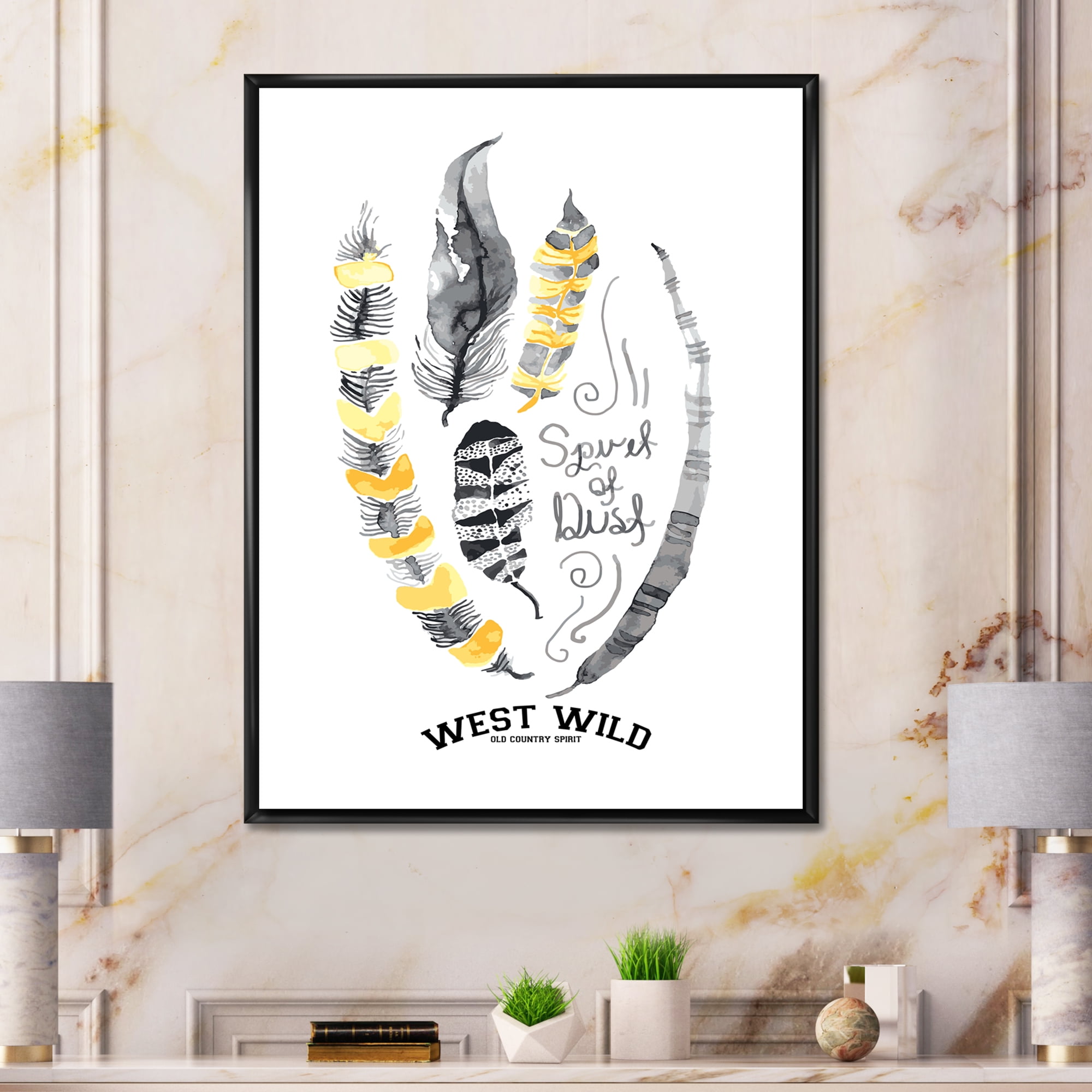 Designart 'Yellow Ethnic Plume Feathers On White' Bohemian & Eclectic Framed Canvas Wall Art Print