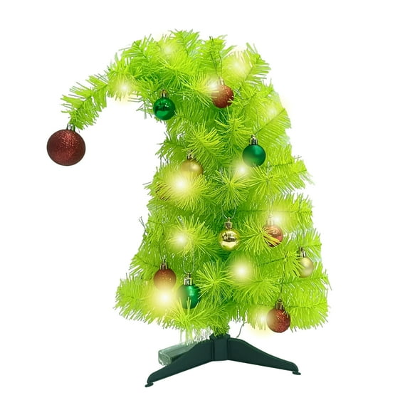 18inch Mini Christmas Tree Ornament,Artificial Green Crooked Neck Tabletop Christmas Trees with Light and Samll Balls for infoor Outdoor Home Holiday Party Decoration