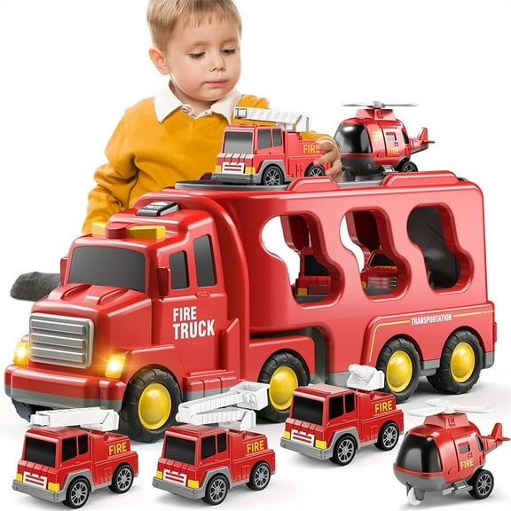 Friction Power Vehicle Toy Car Set Toddler Fire Engine Toys For Boys Girls Carrier Truck Transport Cars Firefighter Vehicles