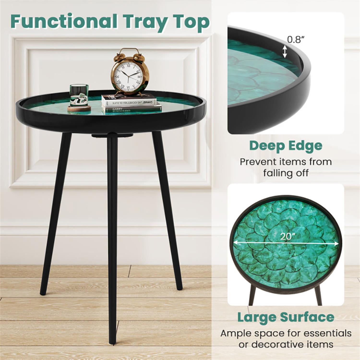 Demi Bonn 20" Round Sofa Side Table, Modern End Table with Sea Shell Decoration for Small Spaces, Living Room, Bedroom, Green