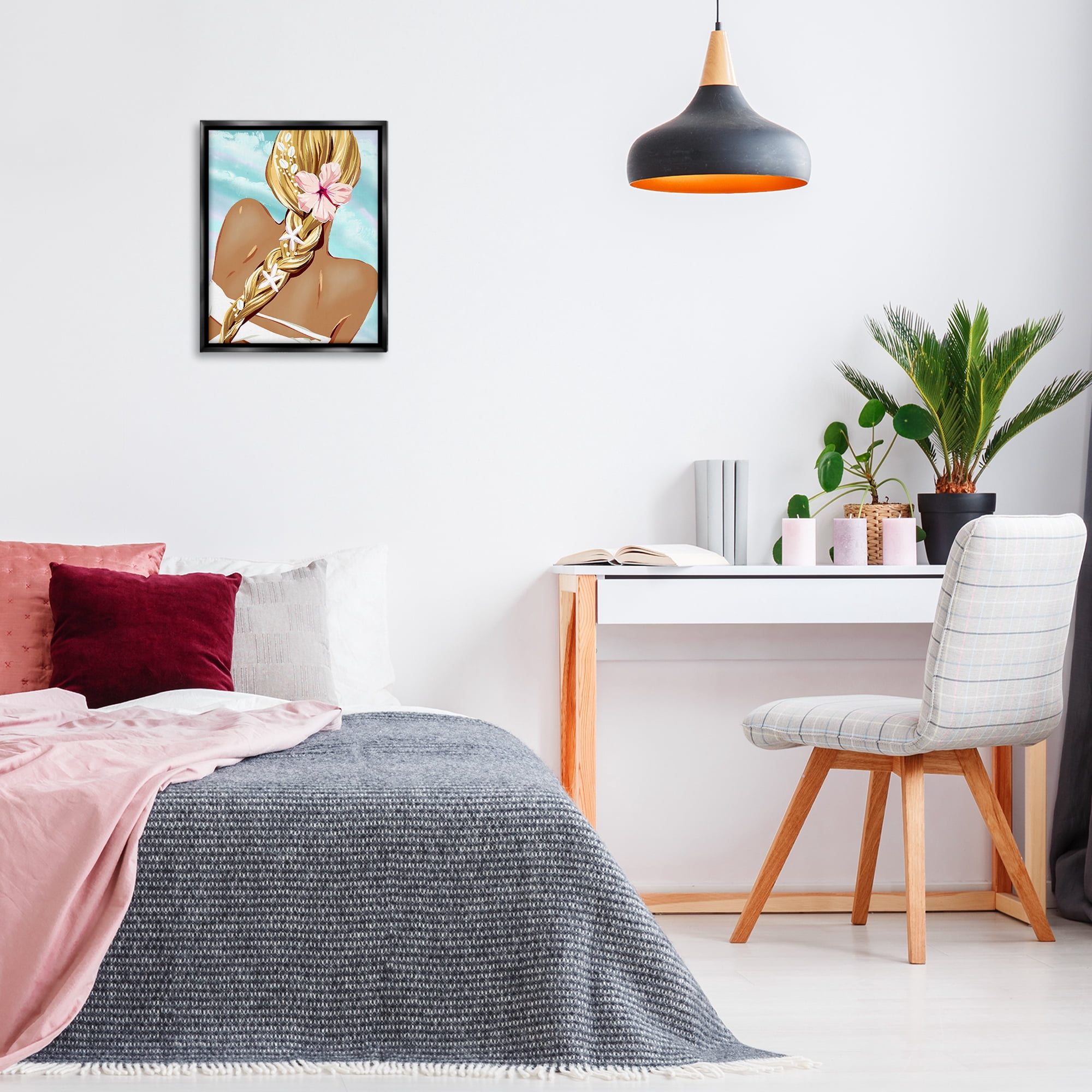 Stupell Industries Beachy Girl with Florals Novelty Painting Black Floater Framed Art Print Wall Art, 17 x 21