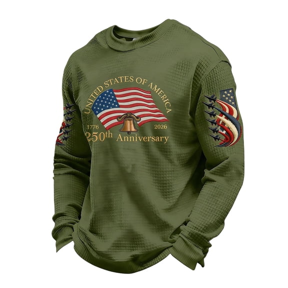 DHFJKG 1776-2026 250Th Anniversary Shirts For Men Long Sleeve Waffle Crew Neck T Shirt United States Of America National Flag Top