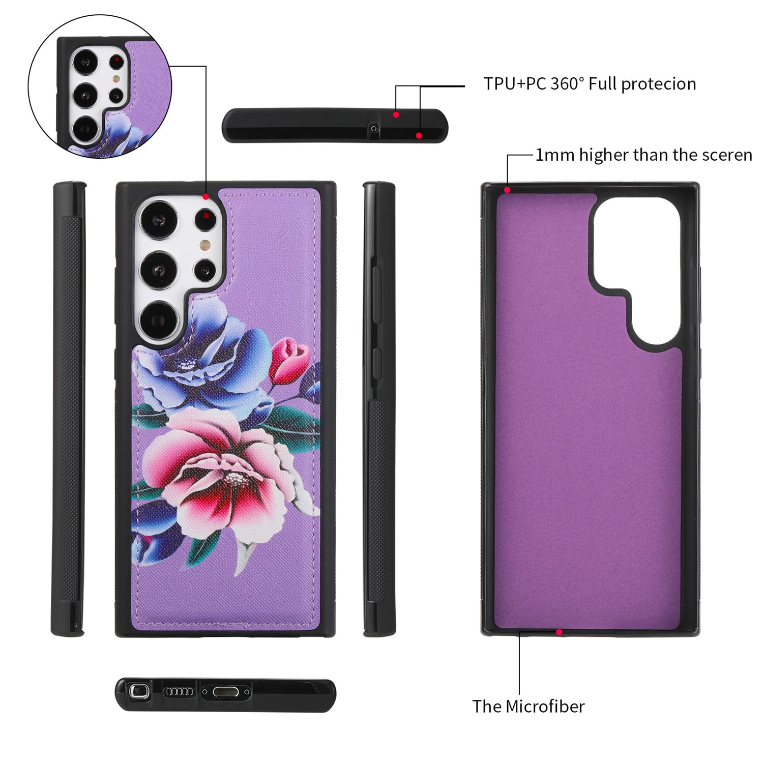 SaniMore Magnetic Detachable Wallet Case for Samsung Galaxy S22 Ultra, Flower Pattern RFID Blocking Cover Support Wireless Charging Card Slot Shoulder & Wrist Strap 360° Full Protective Shell, Purple