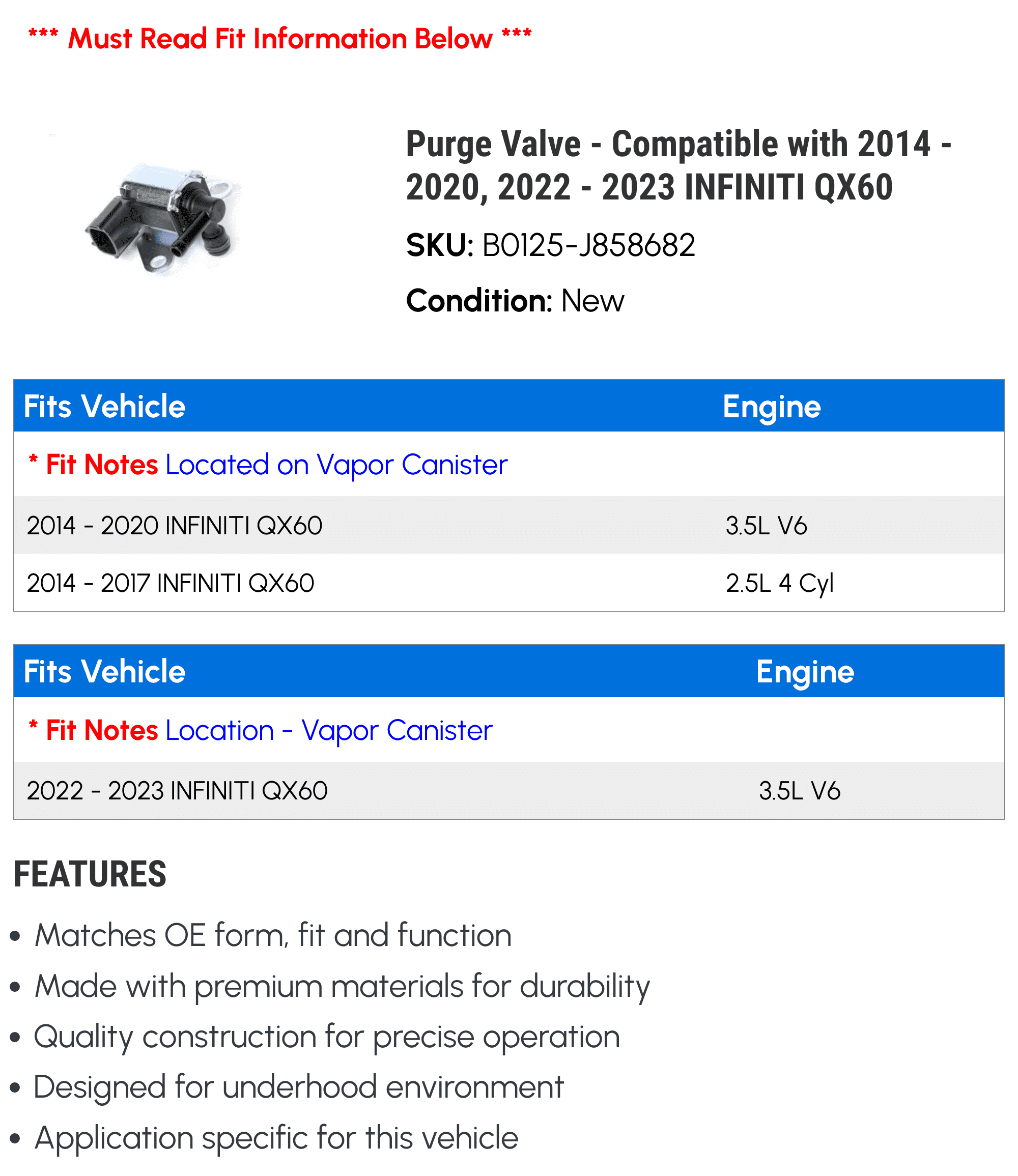 Purge Valve - Compatible with 2014 - 2020, 2022 - 2023 INFINITI QX60 2015 2016 2017 2018 2019