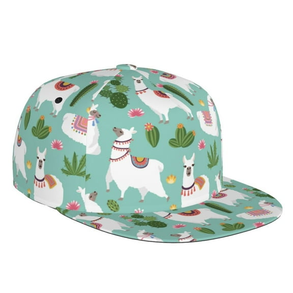 Flat Bill Trucker Hats for Women Men - green lama alpacas cactus cute Adjustable Flat Baseball Cap Snapback Hats Dad Hats for Men
