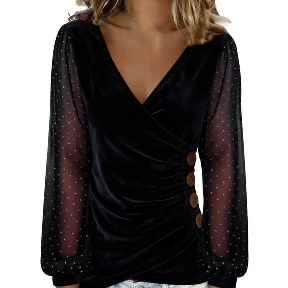 XDZJLR Womens Sparkly Sequin Tops Casual Loose Long Sleeve V Neck Mesh Elegant Glitter Shirts Blouses For Dressy Party Concert Disco S-Xxxl Black