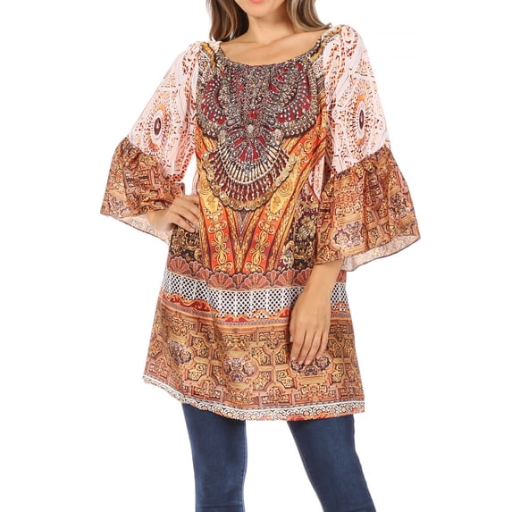 Sakkas Inna Colorful Shift Dress Tunic with Bell Ruffled Sleeves & Rhinestones - TO152-Orange - One Size