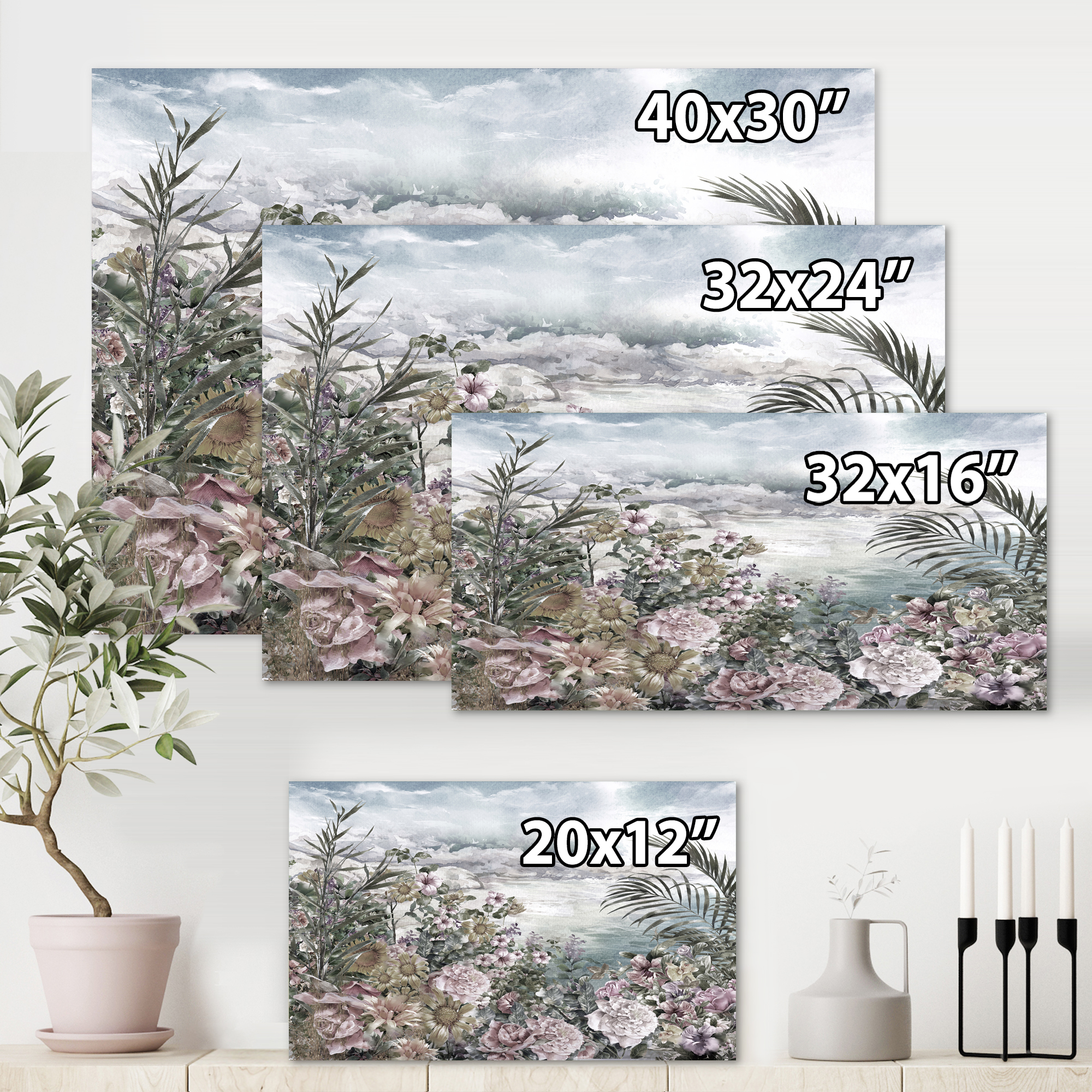 Abstract Retro Flowers By The Sea Side 32 in x 16 in Painting Canvas Art Print, by Designart