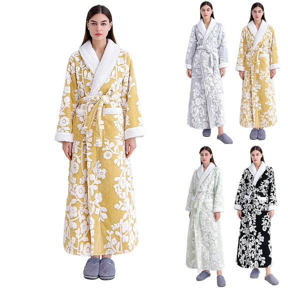 Plush Fleece Robe Long Length Warm Bathrobe Soft House Coat Comfort Wear