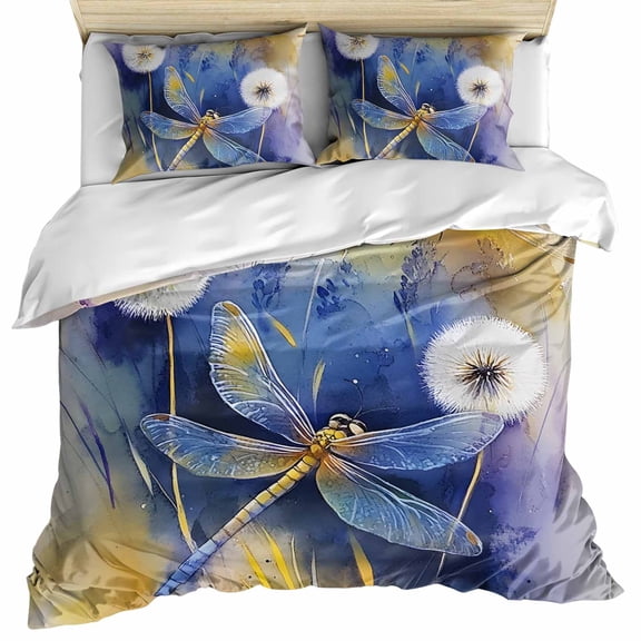 Purple Dragonfly Bedding 3 Piece Duvet Cover Set Full Size, Watercolor Spring Summer Floral Soft Microfiber Comforter Cover with Zipper Closure & Pillowcases, Wrinkle & FadeResistant Quilt Cover