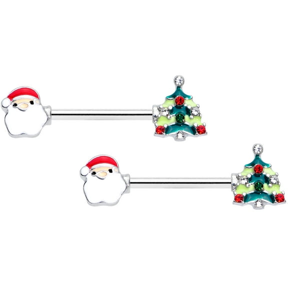 Body Candy 14G Womens Nipplerings Piercing Steel 2Pc Red Accent Holiday Tree Santa Nipple Ring Set 9/16"