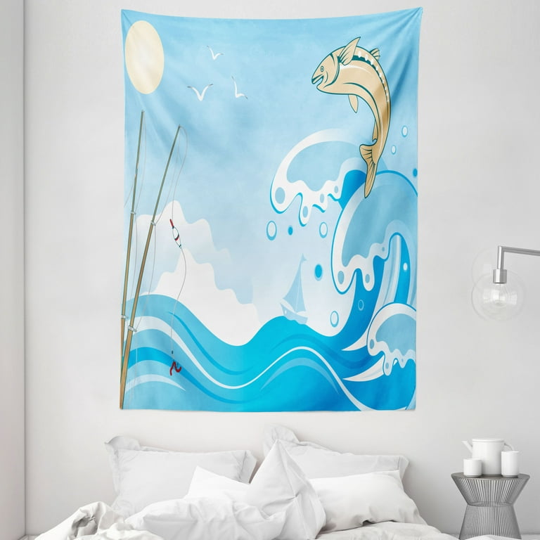 Fishing Theme Tapestry, Fish Splash for Rods on Waves with Small Ship  Seagulls Clouds and Sun Pattern, Wall Hanging for Bedroom Living Room Dorm