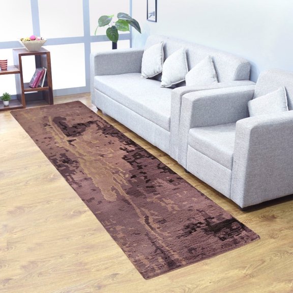 HAND KNOTTED WOOL CONTEMPORARY MODERN AREA RUGS - 2'6''x10', Runner Shape, Purple Color, Classic Traditional Design, Low Pile Handmade Area Rugs for Living Room, Bed Room (N00807)