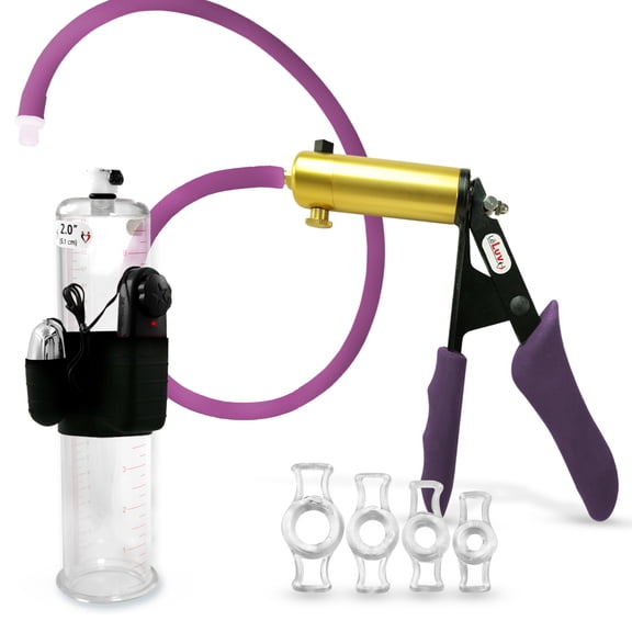 LeLuv® Premium Ultima Penis Pump, Brass w/ Purple Silicone Grips & Hose | 4 Cock Rings | 9" x 2.00" Vibrating Cylinder