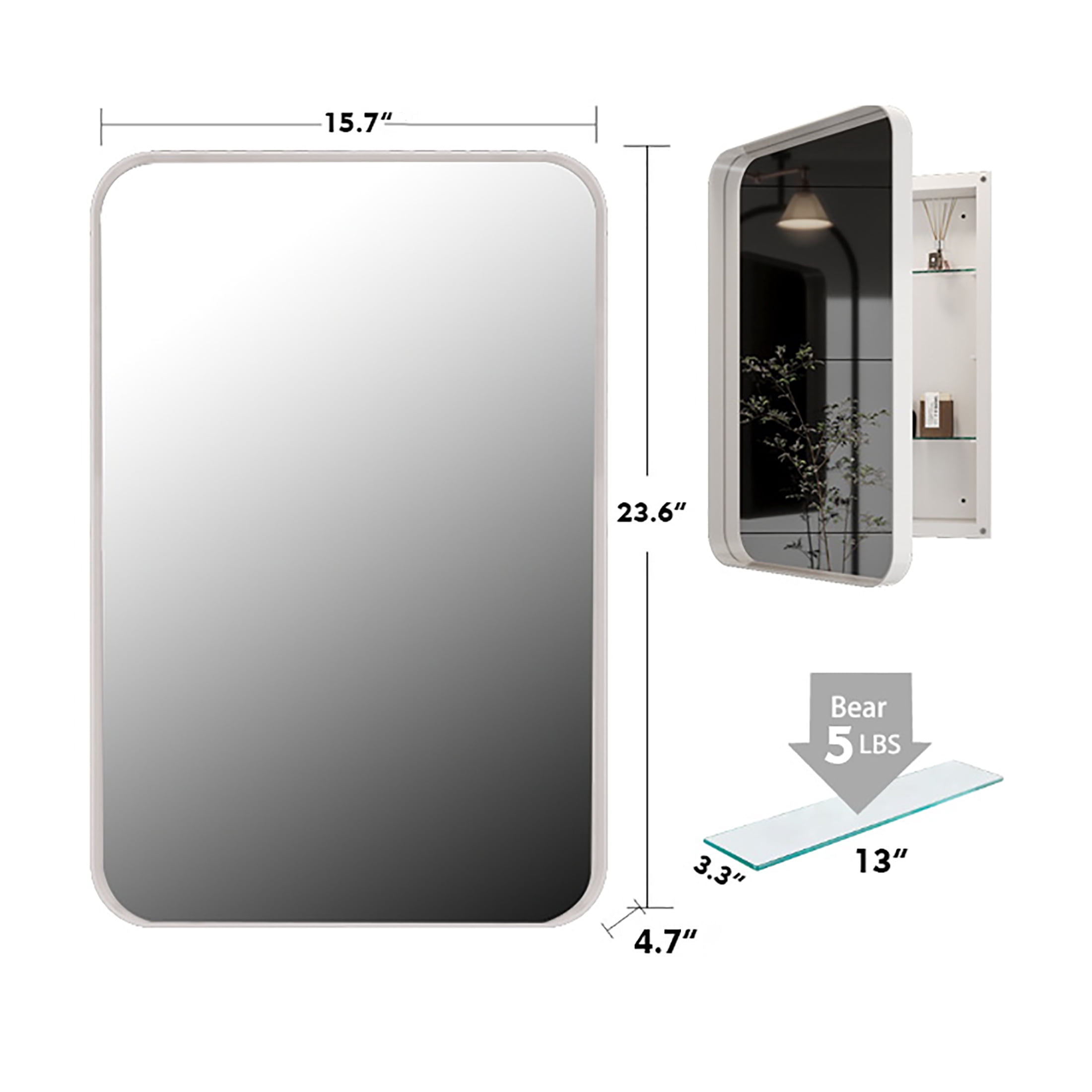 Bathroom Wall Storage Cabinet with Mirror Rectangle Stainless Steel Frame Medicine Cabinet White