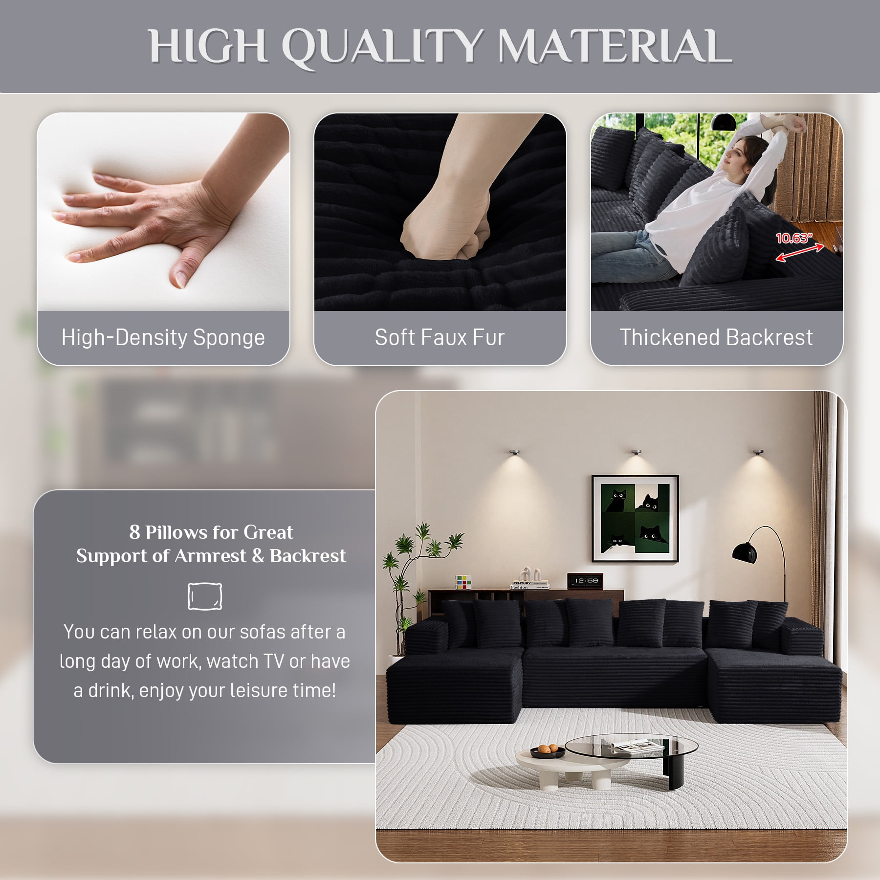 Wiilayok U Shaped Sectional Sofa,Modular Cloud Corduroy Sofa Couch with Extra Deep Seat for Living Room Sofa, No Assembly, Black