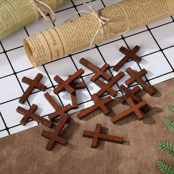 70 Unfinished Small Wooden Crosses with Gold String for DIY Crafts, Wood Cross Ornaments for Easter Tree (1.73 x 1.1 In)