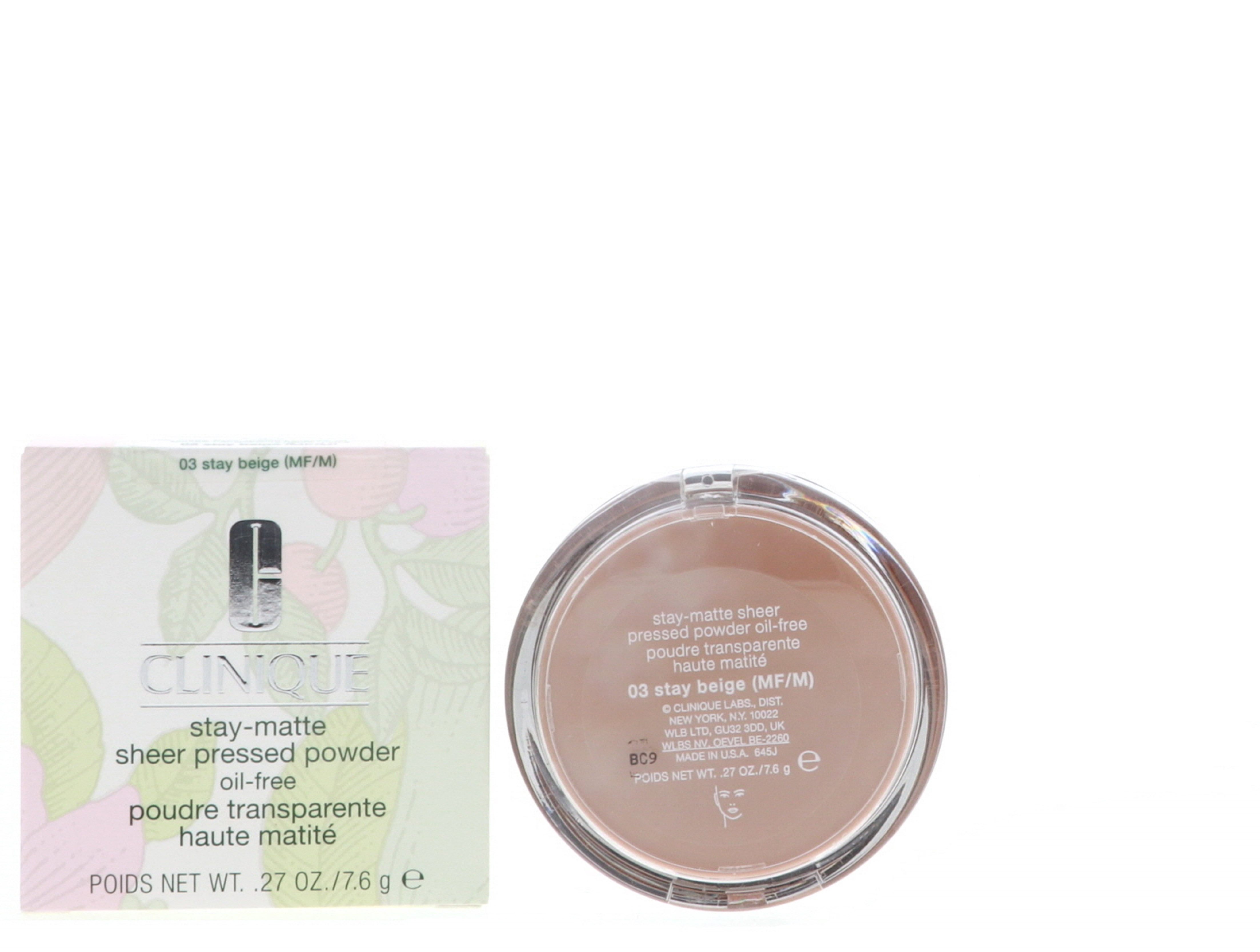 Clinique Stay-Matte Pressed Powder Foundation Makeup for Oily Skin, Sheer Coverage, Matte Finish, Oil-Free, Lightweight, 03 Stay Beige, 0.27 oz