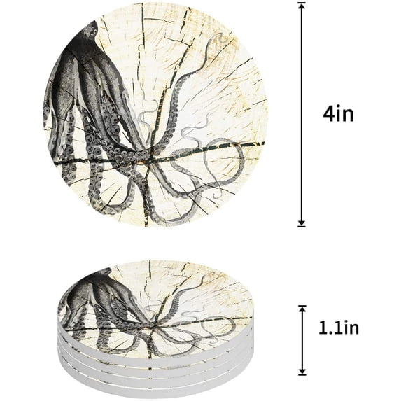 FMSHPON Octopus Set of 8 Round Coaster for Drinks, Absorbent Ceramic Stone Coasters Cup Mat with Cork Base for Home Kitchen Room Coffee Table Bar Decor