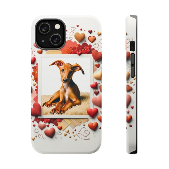 DistinctInk Tough Case for Apple iPhone 13 (6.1" Screen), Compatible with MagSafe Charging - Valentine's Day Pharaoh Hound Puppy