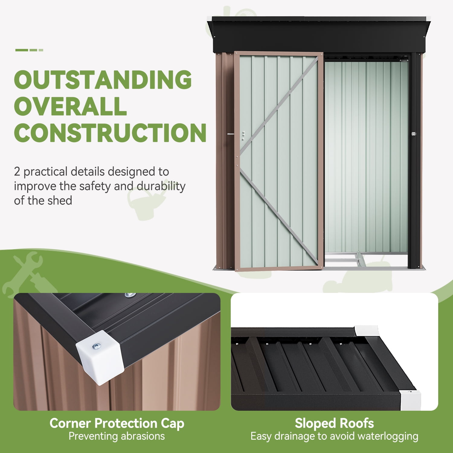Bapipro 5' x 3' ft Outdoor Storage Shed with Base Frame, Garden Shed with Lockable Door，Metal（Brown）