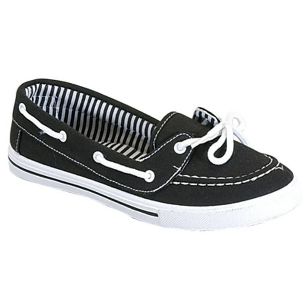 Enimay - Canvas Lace Up Flat Slip On Boat Comfy Round Toe Sneaker Tennis Shoe Black White Size 6