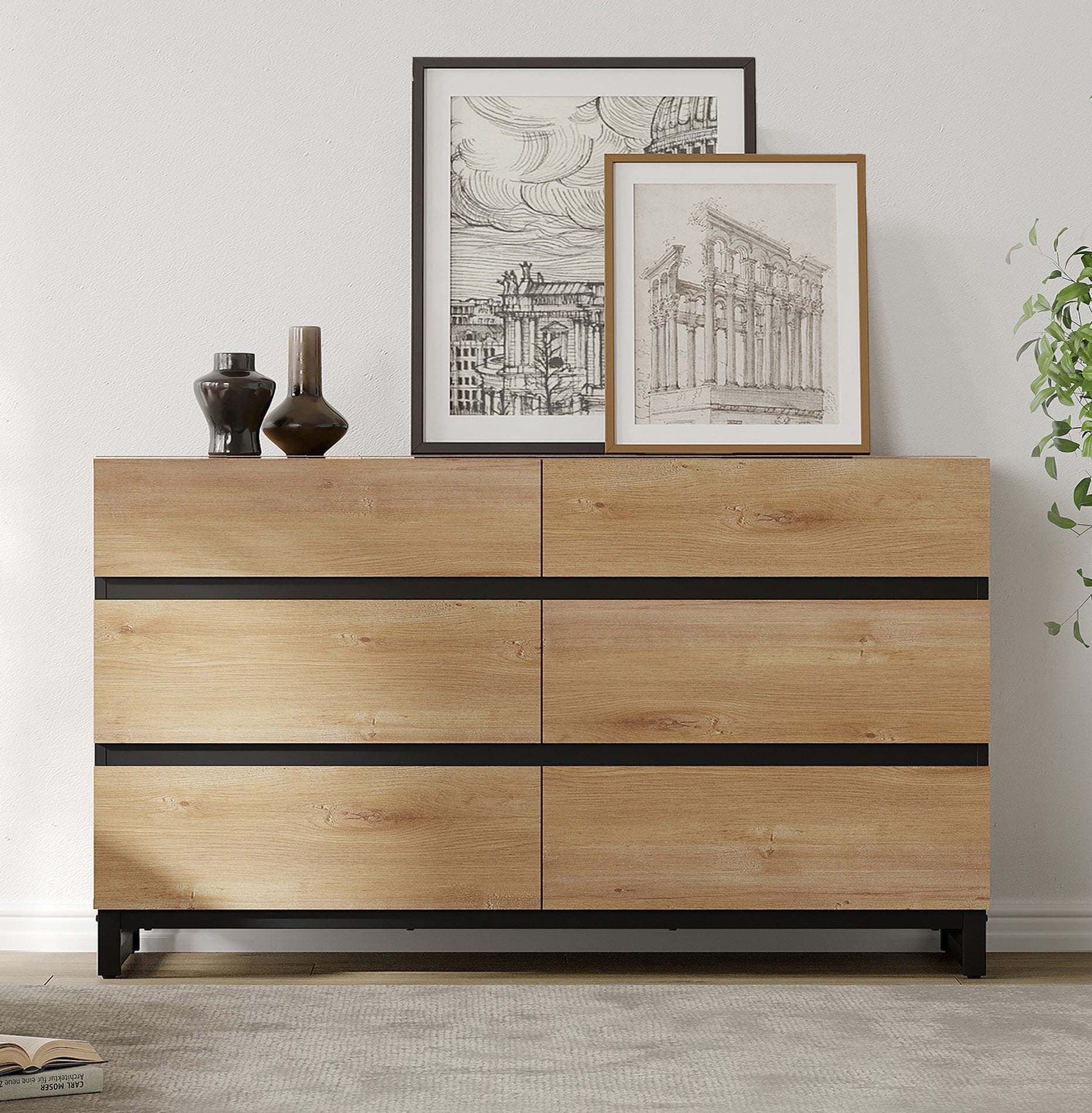 6-Drawer Wood Dresser with Concealed Handles & Metal Base, Modern Chest of Drawers for Bedroom, Living Room, Oak