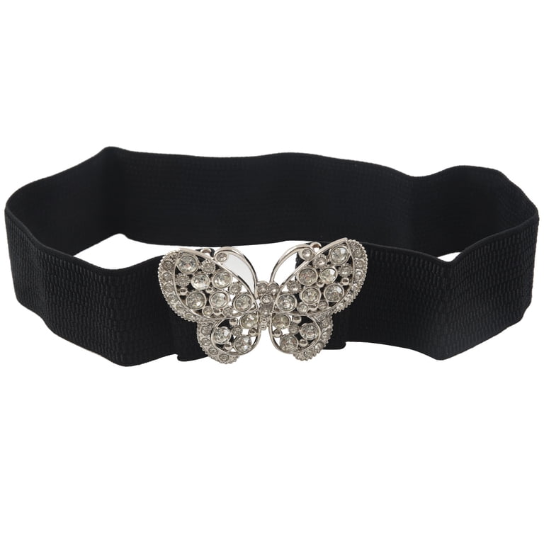Women Rhinestones Accent Butterfly Hook Buckle Black Elastic  display picture 1