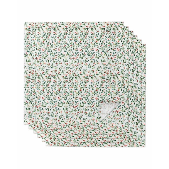 Green Botanical Christmas Cloth Napkins Set of 6, Watercolor Xmas Berry Red Washable Reusable Dinner Cocktail Napkin for Kitchen Party Wedding Banquet Holiday Baby Shower Table Decor