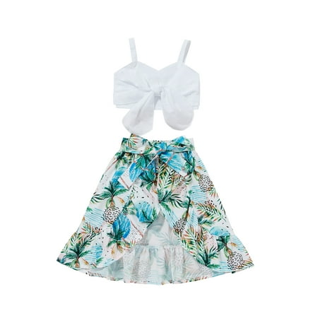 

TheFound Summer Kids Girls Holiday Clothes 2pcs Strap Sleeveless Bowknot Vest Tops Flowers Printed Ruffles Skirts Sets