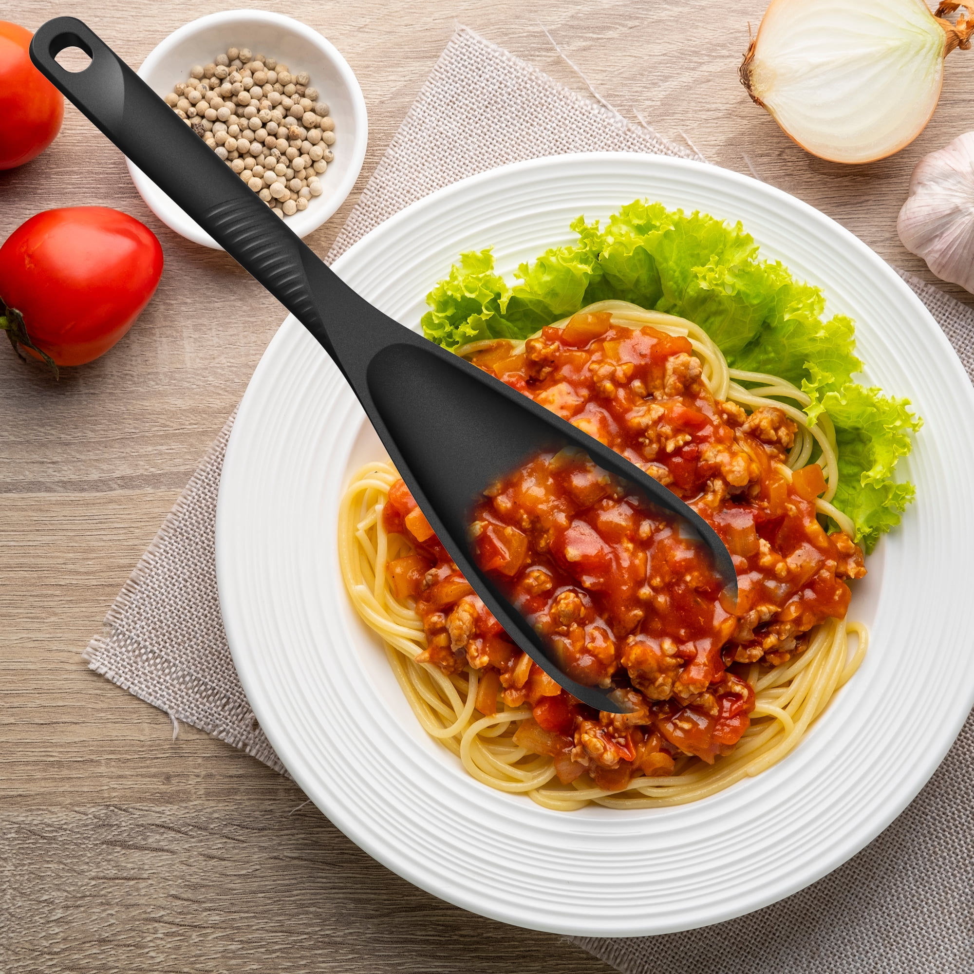 2 Pcs Heat Resistant Silicone Cooking Spoon Set - Food Grade Silicone Spatula Spoon for Mixing, Scoop, and Scrape, Dishwasher safe, Bpa Free (Black & Cream White)