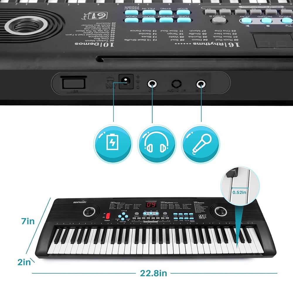 TIANLAIMEI 61 Keys Electric Digital Piano 100 Tones Eectric Keyboard Built-in Microphone with Stand for Beginners Kids Musical Instruments Gifts, Black
