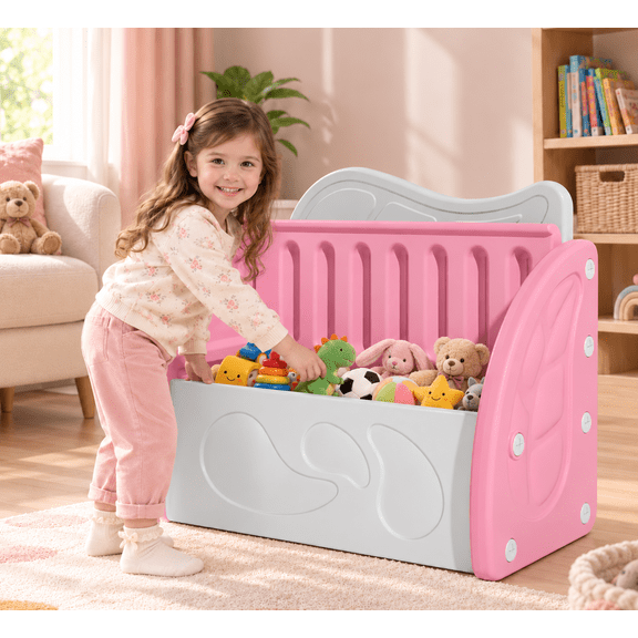 SESSLIFE Toy Box for Boys Girls, Plastic Kids Storage Organizer with Storage Bench and Leaf Backrest, Modern Toy Chest for Living Room, Toddler Room, Bedroom, Support 176 lbs, Pink/Light Grey