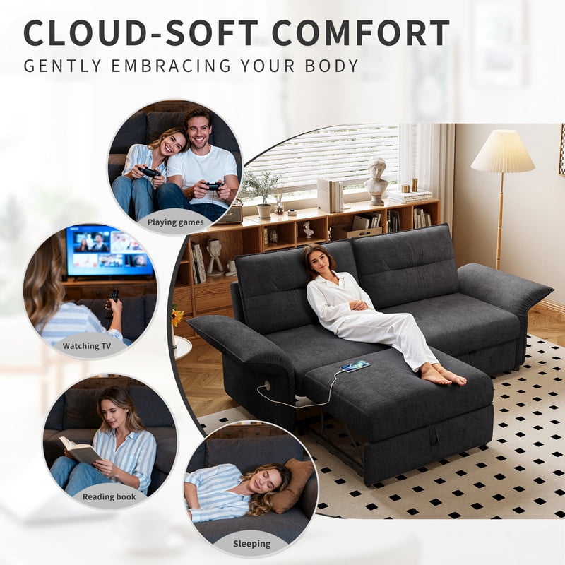85" Convertible Sofa Bed, 2-in-1 Sleeper Sofa with Plush Fabric, Full-Size Pull-Out Couch with USB Charging Ports, Solid Wood Frame, High-Resilience Foam for Living Room & Small Space