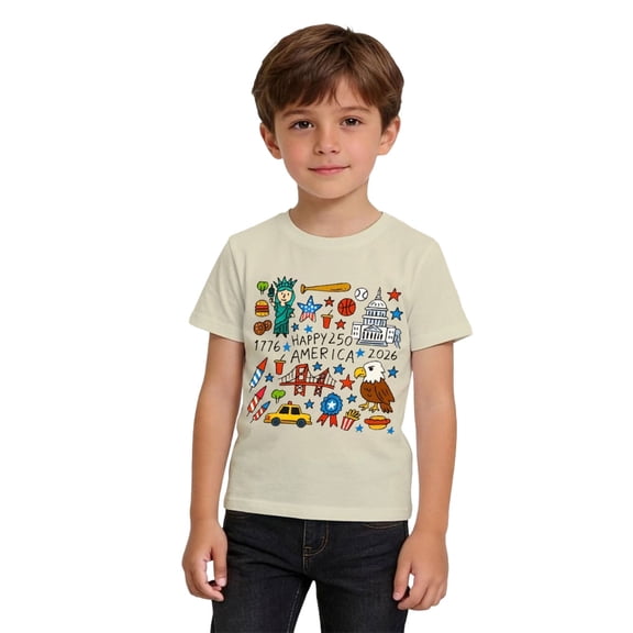 USA 250th Anniversary Shirt Kids Boys Patriotic Graphic T Shirt Print Short Sleeve Casual Tee for Children Beige 2 Years-3 Years
