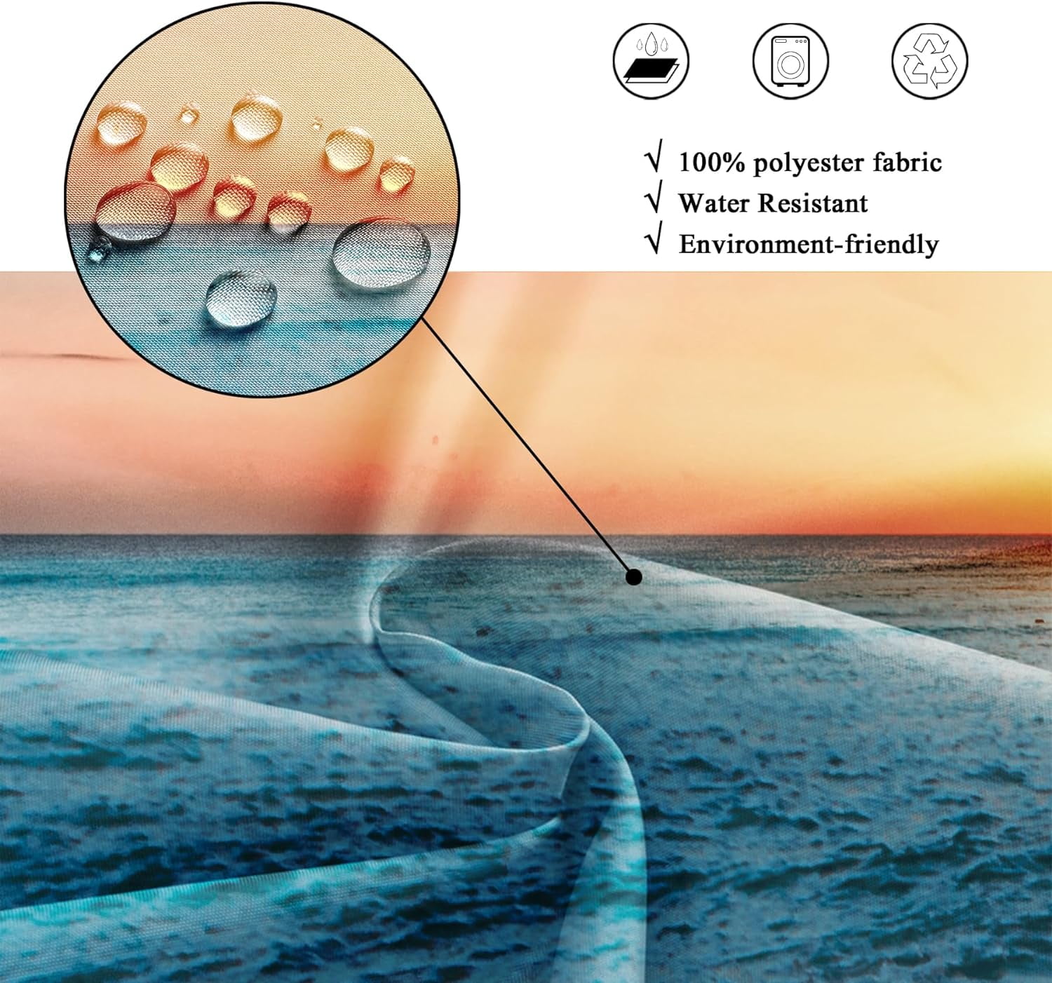 Beach Hawaiian Sea Sunset Shower Curtain for Bathroom Decor 72Wx72H Ocean Wave Sunrise Tropical Coastal Seaside Summer Scenery Art Printed Fabric Polyester Waterproof 12 Pack Plastic Hooks