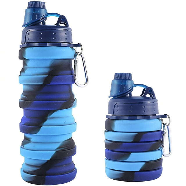 Botella de agua deportiva de silicona plegable, 500 ml, tamaño ajustable, reutilizable, a prueba de fugas, agua fácil de transportar (camuflaje azul)