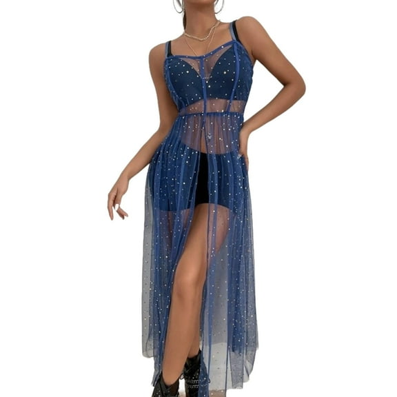 Yokua Women Sexy Sleeveless Mesh See Through Star Sequins Beach Long Dress Cover Up