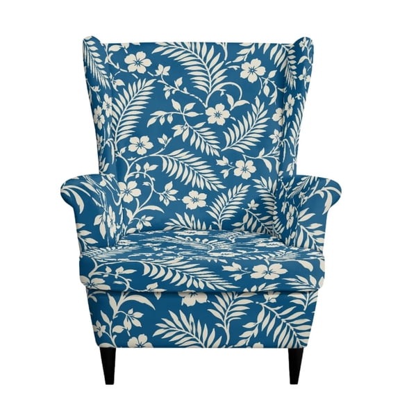 SEANATIVE Anti-slip Wingback Chair Slipcover 2 Piece Wing Chair Cover Stretch Armchair Cover Washable Stain-Resistant Dust-Proof Furniture Protector with Elastic Bottom, Tropical Floral Leaf Blue