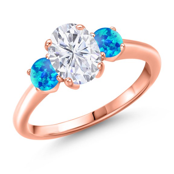 Gem Stone King 18K Rose Gold Plated Silver Blue Simulated Opal Ring Set with Moissanite (2.00 Cttw)