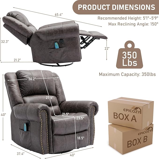 EPICOZY Manual Massage Swivel Rocker Recliner with Heat and Vibration, 360° Swivel Glider Rocking Recliner Chair, Classic Living Room Lounge Recliners with Side Pockets & USB Ports, Dark Gray