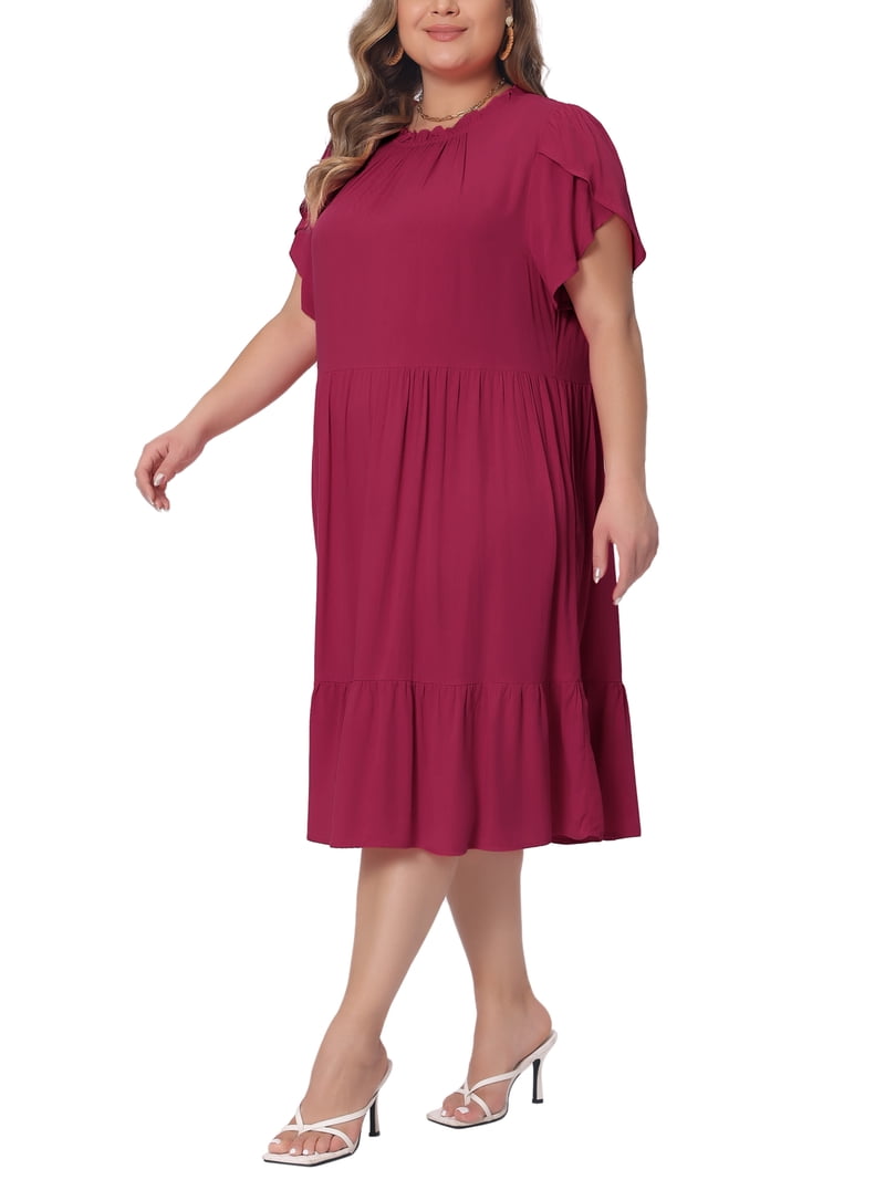 burgundy color dress plus size GRACE & GRANDEUR Women's Rayon Midi Solid Petal Sleeve Ruffled HemA-Line Swing Dress with Tie Back 1X ZARA NEW TEXTURED TWEED