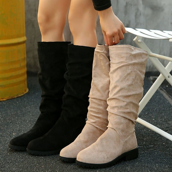 Knee High Boots Women Fashion Casual Winter Long Boots Solid Color Round Toe One-Foot Low Heel Chunky Heel Knee-High Boots